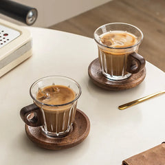 YICKYUE - 2 Set Coffee Cups with Wood Coaster | Tempered Glassware Round Table Setting for Dining, Home Restaurant Use, for Housewarming
