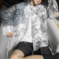 Hearujoy Shirts Men Fashion Mesh Floral Shirt Harajuku Gothic Top Long Sleeve Korean Loose Street Sun-proof Summer Holiday Casual Clothes