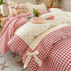 YICKYUE - 3/4Pcs Bedding Set Plaid Polka Dot Cotton Bedding Princess-Style For Home Double Bed Duvet Cover Bed Sheets With Pillowcase