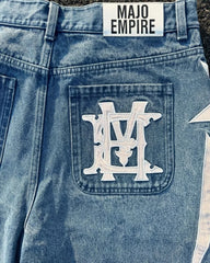 Hearujoy American fashion trend Street style wide-leg Jeans for men Y2k embroidered baggy jeans Goth punk High street casual shorts