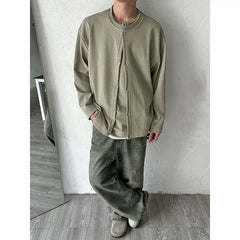 HEARUJOY - Autumn New Style Lazy Style Minimalist Casual Loose Fake Two Piece Hoodie Cardigan Men Solid Color Henley Neck Top Jacket