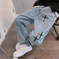 Hearujoy Prints Jeans Men New Streetwear Baggy Wide Leg Jeans Korean Fashion Drapes Straight Casual Loose Denim Cargo Pants