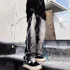 Hearujoy Mens Fashion Jeans American Retro High Street Loose Large Size Workwear Jeans Distressed Straight Floor-Length Trousers Men