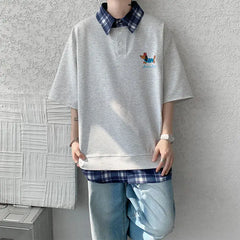 HEARUJOY - Dog Embroidery Plaid Polo Short Sleeve T-Shirt 2025 Summer Retro Couple T-shirts Splicing Fake Two Pieces Simple Tops