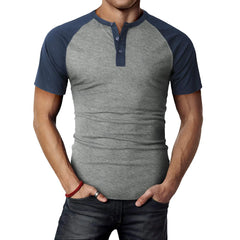 HEARUJOY - For Fitness For Gym Mens Splicing T-shirt Muscle Fitness Blouse V-neck Buttons Polyester Fabric Slim Fit For Men