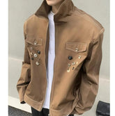 HEARUJOY - Spring Retro Irregular Button Mens Jacket Shoulder Pad Design Trend High Street Coats Motorcycle Fashion Stand Collar Outwear