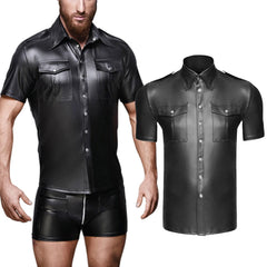 HEARUJOY - Men\\\'s Clothing Top Autumn Collared Faux Leather Wet Look Men Regular S-2XL Solid Color Tee Top Blouse Uniform Shirt