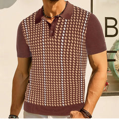 HEARUJOY - Summer New Men's Houndstooth Jacquard Short-Sleeved Knitted Polo Shirt Retro Fashion Trend Casual Loose Daily Business Mens Tops