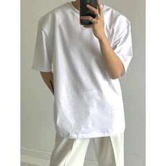 HEARUJOY - Summer Cotton Short Sleeved T-shirt Men Black White Casual T Shirt Men Streetwear Korean Loose Shoulder Pad T Shirt Mens Top