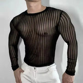 HEARUJOY - Mens T-Shirt Striped Sexy Slightly Transparent Stretch T-Shirt Fashion Streetwear Tight Casual Long Sleeve Top Men'S Clothing