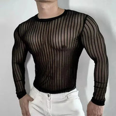 HEARUJOY - Mens T-Shirt Striped Sexy Slightly Transparent Stretch T-Shirt Fashion Streetwear Tight Casual Long Sleeve Top Men'S Clothing
