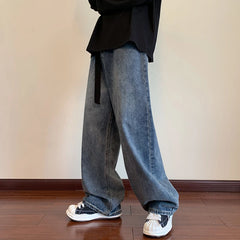 Hearujoy Autumn New Blue Solid Simple Jeans With Belt Male Casual Mopping Denim Pants Men Oversized Zipper Wide Leg Jean Pants