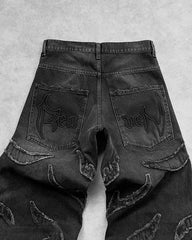 Hearujoy Baggy Jeans for Men Y2k Hip Hop Distressed Retro Black Pants Oversized Embroidery Harajuku Gothic Wide Leg Trousers Streetwear