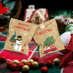 YICKYUE - 24 Christmas Kraft Paper Snack Bags, Holiday Packing Bags Featuring Santa Claus Snowman Prints, Candy Buffet Paper Bags For Xmas