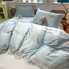 YICKYUE - 3/4Pcs Bedding Set Euro Summer Cooling Tencel Pre-Washed Silk Blue Butterfly Lace Trim Luxury Duvet Cover Includes Pillowcase