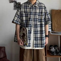 HEARUJOY - New Men's Color-blocking Retro Plaid Shirt Lapel Teenager