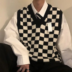 HEARUJOY - Waistcoat Plaid Green V Neck Sleeveless Knitted Sweaters for Men Black Man Clothes Vest Ugly Cotton Pull Oversize Sheap T Shirt