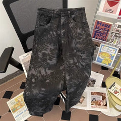 Hearujoy Gothic Punk Snake Pattern Camouflage Wash Baggy Jeans Men and Women Casual Straight Wide Leg Scimitar Pants Harajuku Streetwear