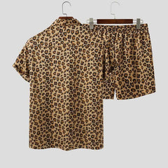 HEARUJOY - Summer Men's Fashion Leopard Print Sets Elegant Social Shirt + Shorts Two Piece Set Luxury Men Outerwear Suit