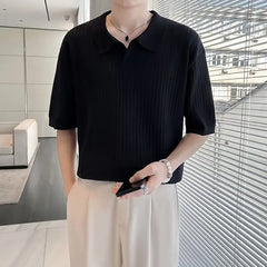HEARUJOY - Men's Clothing Light Luxury Knitted Polo Shirt Casual Stripe V-Neck Solid Color Short Sleeve T-Shirt Breathable Fashion Knitwear