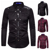 Hearujoy Mens Punk Gothic Rivet Long-Sleeve Casual Shirt 2024 New Genderless Fashion Retro Solid Color Slim Party Stage Clothing Unisex