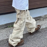 Hearujoy New Streetwear Knee Pleated Silhouette Baggy Cargo Pants for Men Solid Straight Casual Trousers Oversized Multipockets Pants