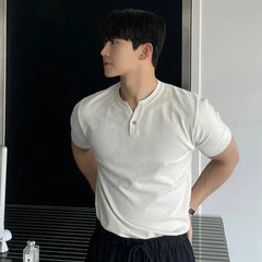 HEARUJOY - New Men Luxury Henry Collar T-Shirt Leisure Slim Button-down Solid Color Short Sleeve Tops Korean Style Summer Breathable Tees