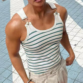 HEARUJOY - Summer New Striped Men's Vest Elastic Slim Fit T-shirt Fashion Clothing Metal Button Sleeveless Tees Muscle Sexy Man Tank Tops