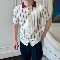 HEARUJOY - Men's Grey Striped Knit Polo Shirt Short Sleeve Contrast Collar Button Front Casual Slim Fit Top For Daily Wear