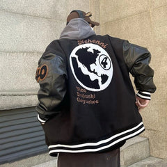 Hearujoy Autumn And Winter American Retro Baseball Jacket Men Letter Globe Embroidered Patchwork Casual Leather Sleeve Pilot Loose Jacket