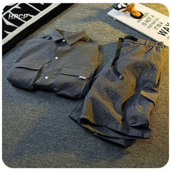 HEARUJOY - Texture Ice Silk Workwear Suits Men Short sleeve Shirt And Shorts Two-piece Set Summer Cool Quick Drying Loose Outfits Oversize