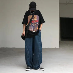 Hearujoy New Streetwear Patchwork Jeans Cargo Pants Loose Plus Size Wide Leg Pants Harajuku Casual Denim Pants Men Clothing Y2K