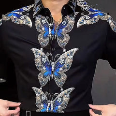 HEARUJOY - Men's Heavy Embroidered Rhinestone Elastic Luxury Butterfly Print Anti-Wrinkle Slim Fit Shirt