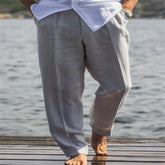 YICKYUE - Men's Linen Blend Loose Fit Trousers, Casual Solid Color Breathable Outdoor Pants with Slant Pockets