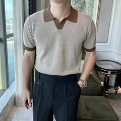 HEARUJOY - Men's Color Matching Knitted Short-Sleeved Polo Shirt American Retro Fashion Trend Loose Casual Breathable Summer Men's Tops