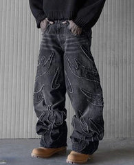 Hearujoy Baggy Jeans for Men Y2k Hip Hop Distressed Retro Black Pants Oversized Embroidery Harajuku Gothic Wide Leg Trousers Streetwear
