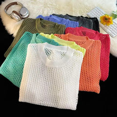 HEARUJOY - Hollow Hole Men Women knitted Tshirts High Street Fashion Loose Long Sleeved Top Autumn Sexy Mesh Knit Sweater Pullover Unisex