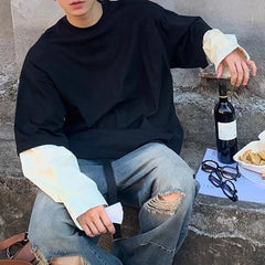 Hearujoy Mens T-Shirt Long Sleeve Y2K Korean Style Fake Two-Piece Contrast Stitching Top Autumn Oversize Casual Pullover Men'S Clothing