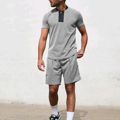 HEARUJOY - Men's Tracksuit 2 Piece Set Waffle V-neck Zipper Short Sleeve T Shirt And Shorts Summer Casual Fashion Sport Suit Man Clothing