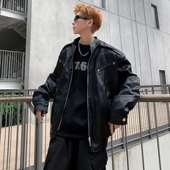 HEARUJOY - American Vintage High Street Leather Jacket Men Long Sleeve Stand Collar Motorcycle Tops Spring Autumn Fashion Handsome PU Coat