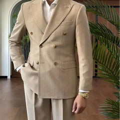 HEARUJOY - Men Suit Designers Slim Fit Business Casual Striped Double Breasted Suit Set Trend Traje Novio 2025 Men Tuxedo Suit Grooms Suit