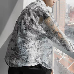 Hearujoy Shirts Men Fashion Mesh Floral Shirt Harajuku Gothic Top Long Sleeve Korean Loose Street Sun-proof Summer Holiday Casual Clothes
