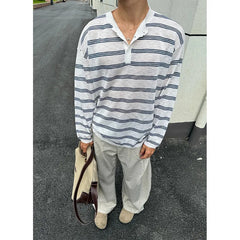 YICKYUE - American Style Striped Color-blocking Polo Shirt Men Summer Thin Ice Silk Sunscreen V-neck Long Sleeve Top Fashion Versatile Tee