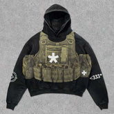 Hearujoy Body armor printed washed street hooded sweatshirt 2024 hot selling trendy retro loose fashionable sweatshirt for men and women