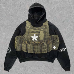 Hearujoy Body armor printed washed street hooded sweatshirt 2024 hot selling trendy retro loose fashionable sweatshirt for men and women