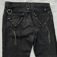 Hearujoy Y2K Black Washed Denim Pants Vintage Cross Leather Detail Micro Flared Jeans Punk High Street Western Cowboy Unisex Streetwear