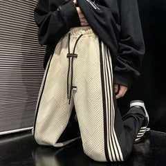 HEARUJOY - Autumn Winter Men's Loose Straight Leg Casual Pants Trendy Brand Long Black Hong Kong Style Stripe Versatile Casual Trousers