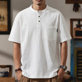 HEARUJOY - Summer Men Heavyweight Short Sleeve T-shirt High Quality Sold Color Button Slim-Fit Henley T-Shirts with Pocket