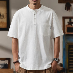 HEARUJOY - Summer Men Heavyweight Short Sleeve T-shirt High Quality Sold Color Button Slim-Fit Henley T-Shirts with Pocket