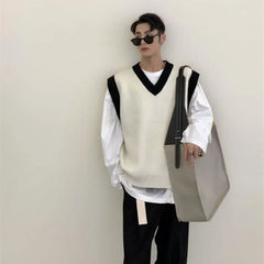 HEARUJOY - White Striped Knitted Sweaters For Men Vest V Neck Man Clothes Sleeveless Waistcoat Thick Winter Old Cotton Wholesale Sale S